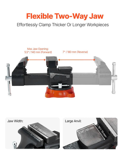 Bench Vise, 140 mm Jaw Width, 140 mm Max Jaw Opening Multipurpose Vise with 360° Swivel Locking Base, 73 mm Throat, Heavy Duty Ductile Iron Workbench Vise, Two-Way Jaws for Clamping Round Pipes - Image 3