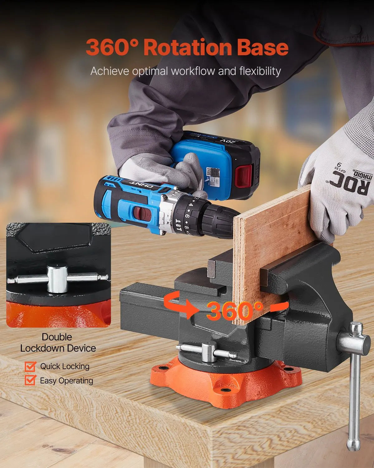 Bench Vise, 140 mm Jaw Width, 140 mm Max Jaw Opening Multipurpose Vise with 360° Swivel Locking Base, 73 mm Throat, Heavy Duty Ductile Iron Workbench Vise, Two-Way Jaws for Clamping Round Pipes - Image 5