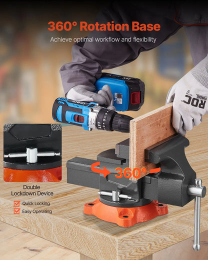 Bench Vise, 140 mm Jaw Width, 140 mm Max Jaw Opening Multipurpose Vise with 360° Swivel Locking Base, 73 mm Throat, Heavy Duty Ductile Iron Workbench Vise, Two-Way Jaws for Clamping Round Pipes - Image 5