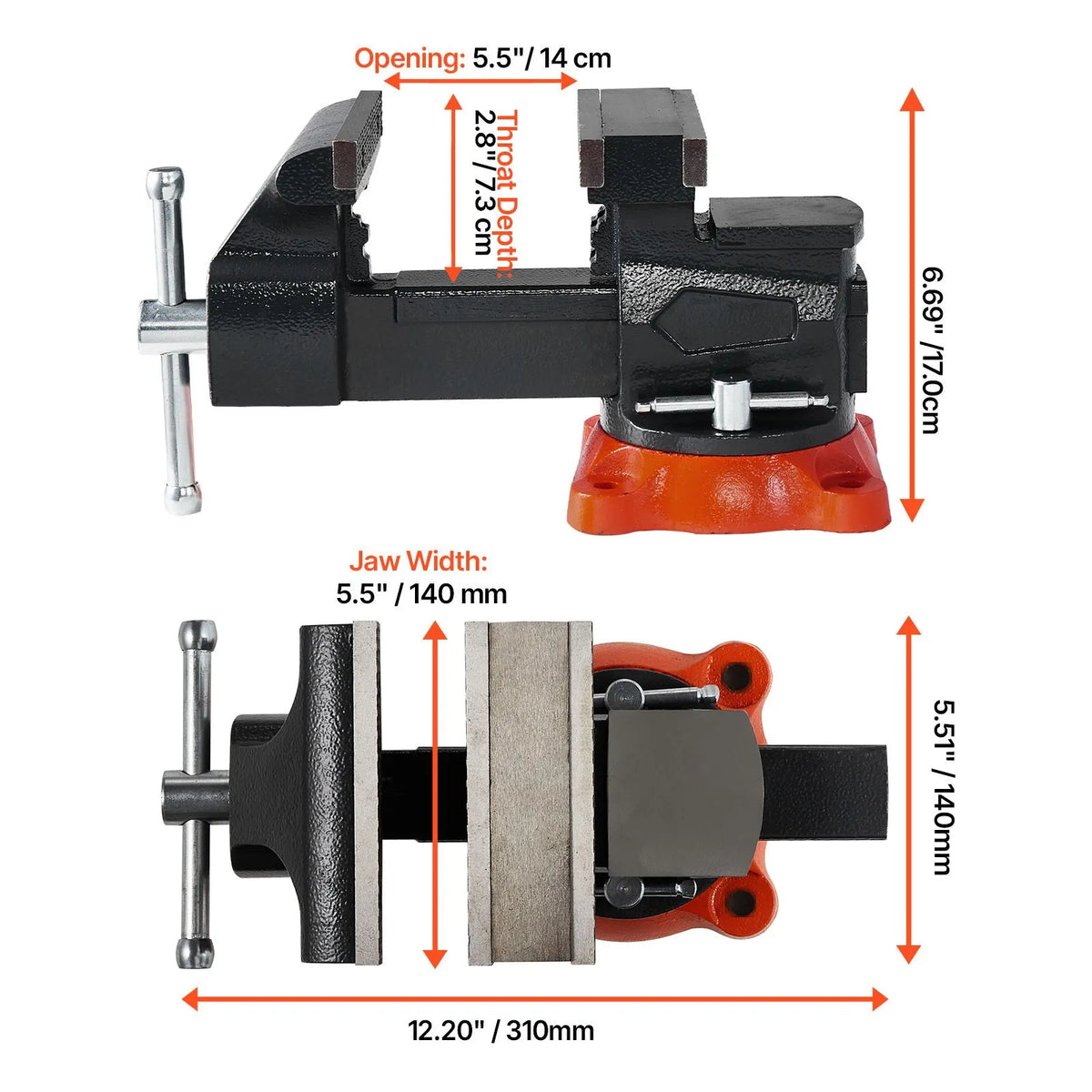 Bench Vise, 140 mm Jaw Width, 140 mm Max Jaw Opening Multipurpose Vise with 360° Swivel Locking Base, 73 mm Throat, Heavy Duty Ductile Iron Workbench Vise, Two-Way Jaws for Clamping Round Pipes - Image 8