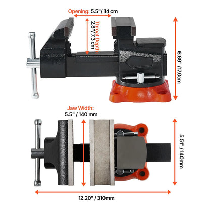Bench Vise, 140 mm Jaw Width, 140 mm Max Jaw Opening Multipurpose Vise with 360° Swivel Locking Base, 73 mm Throat, Heavy Duty Ductile Iron Workbench Vise, Two-Way Jaws for Clamping Round Pipes - Image 8