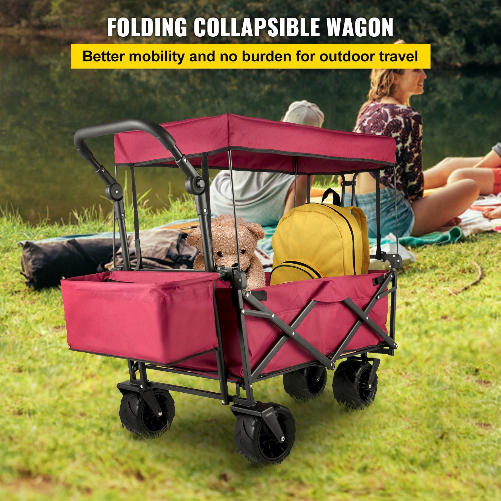 Folding Wagon Cart, Collapsible Folding Garden Cart w/ Shade Beach Utility - Image 2