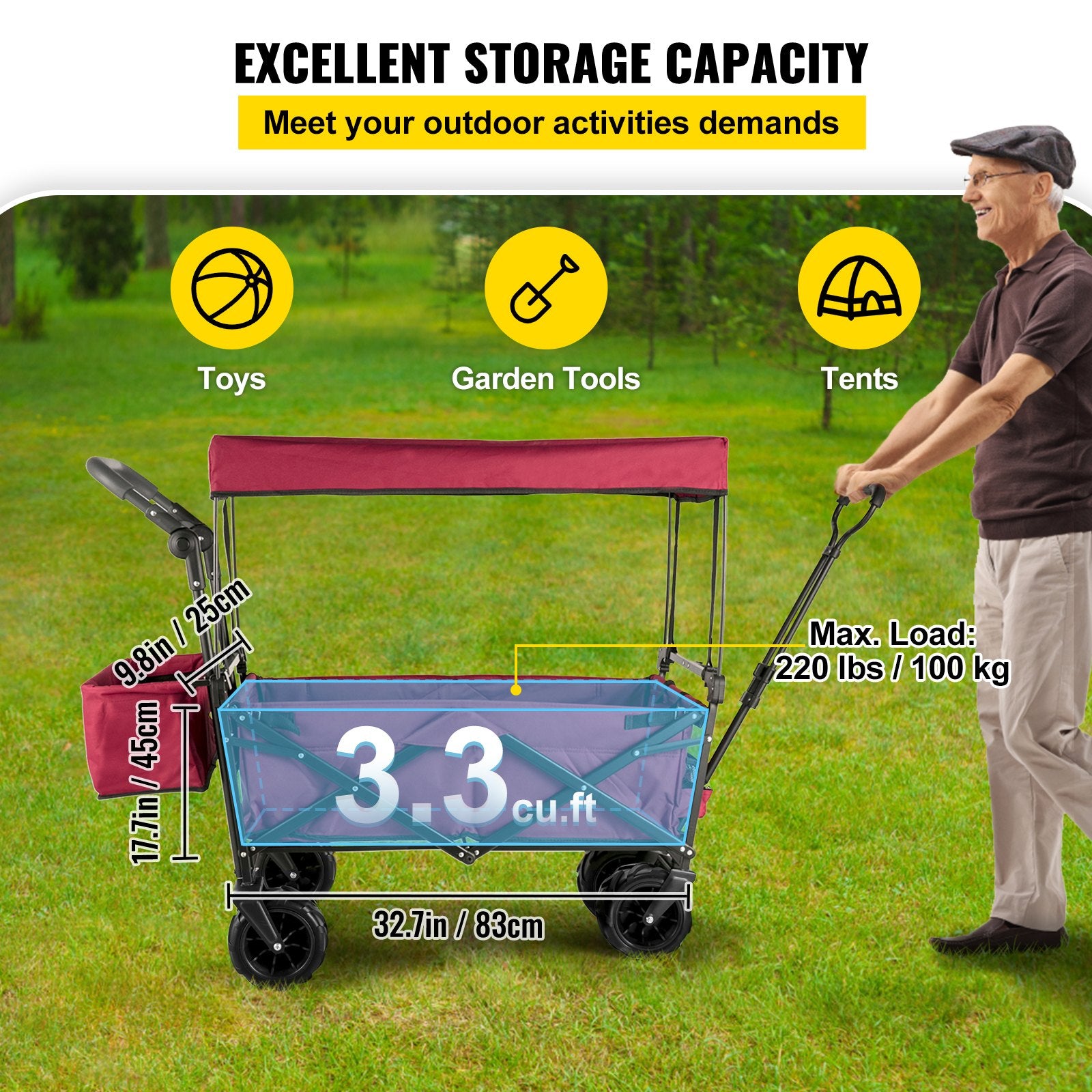 Folding Wagon Cart, Collapsible Folding Garden Cart w/ Shade Beach Utility - Image 3
