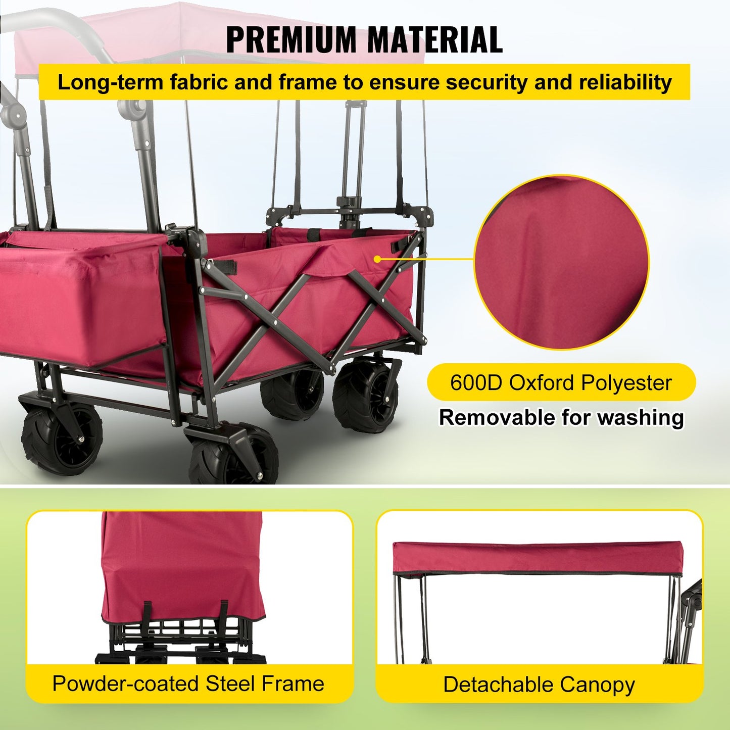 Folding Wagon Cart, Collapsible Folding Garden Cart w/ Shade Beach Utility - Image 4