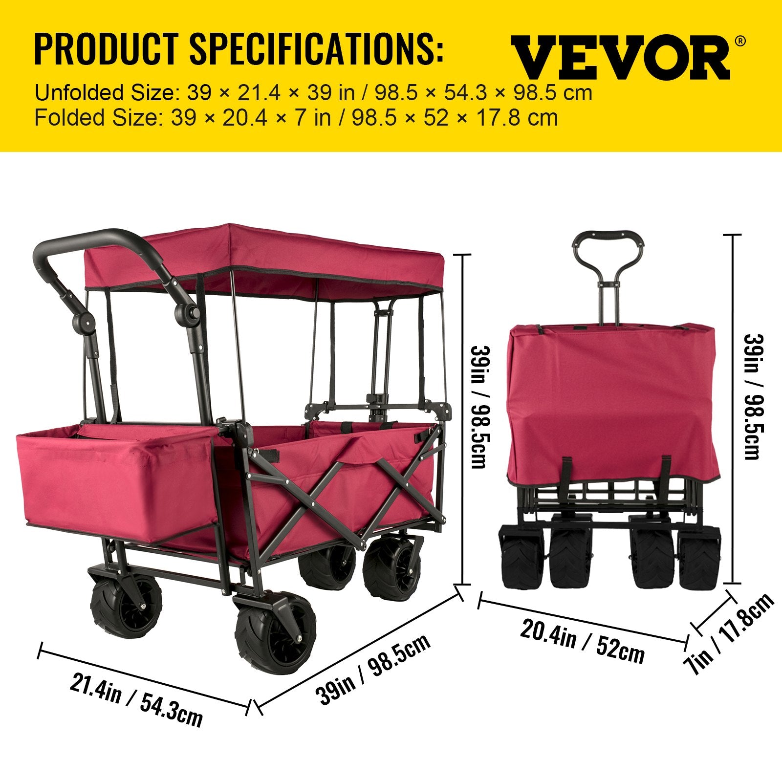 Folding Wagon Cart, Collapsible Folding Garden Cart w/ Shade Beach Utility - Image 7