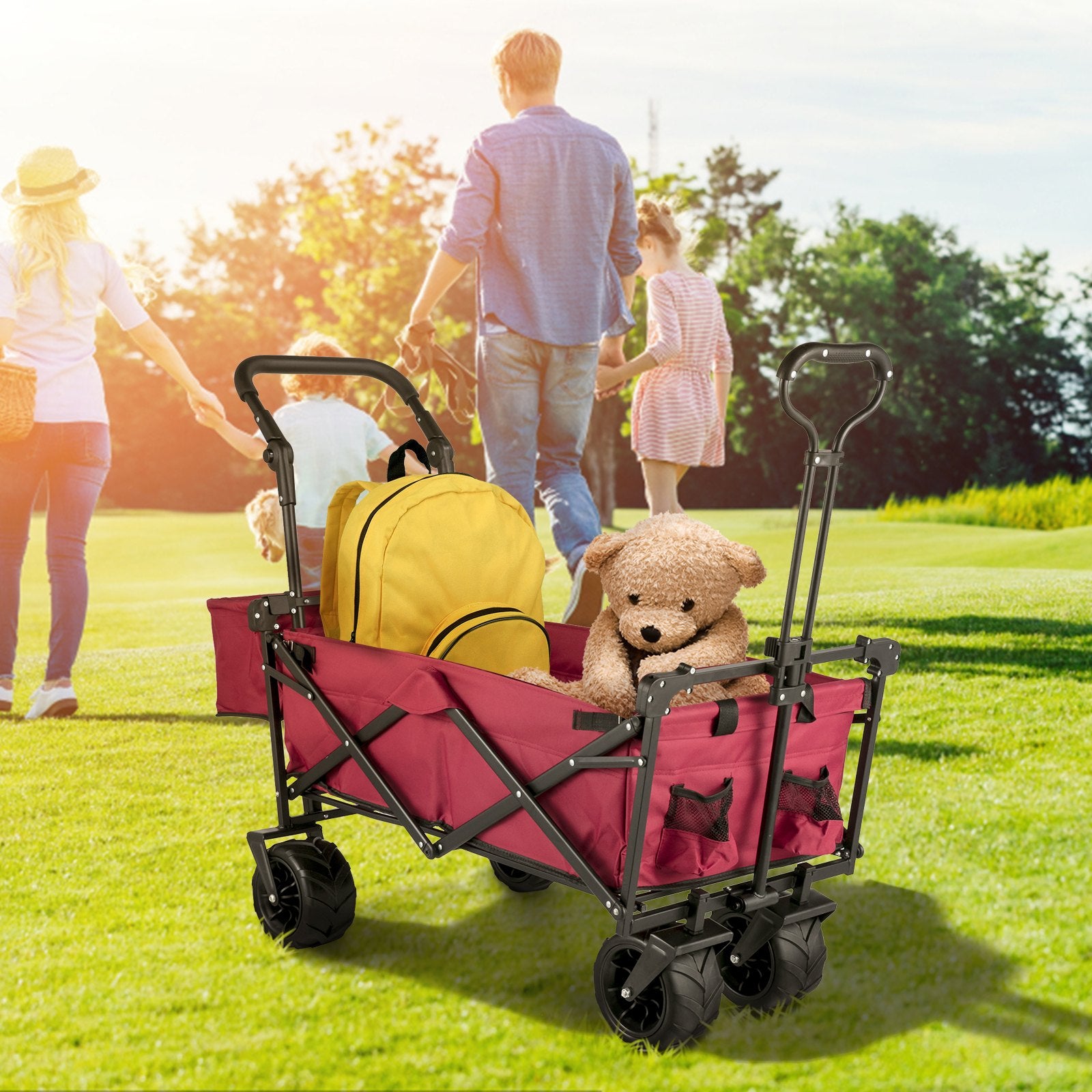 Folding Wagon Cart, Collapsible Folding Garden Cart w/ Shade Beach Utility - Image 8