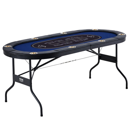 8 Player Foldable Poker Table, Blackjack Texas Holdem Poker Table with Padded Rails and Stainless Steel Cup Holders, Portable Folding Card Board Game Table,183cm Oval Casino Leisure Table, Blue