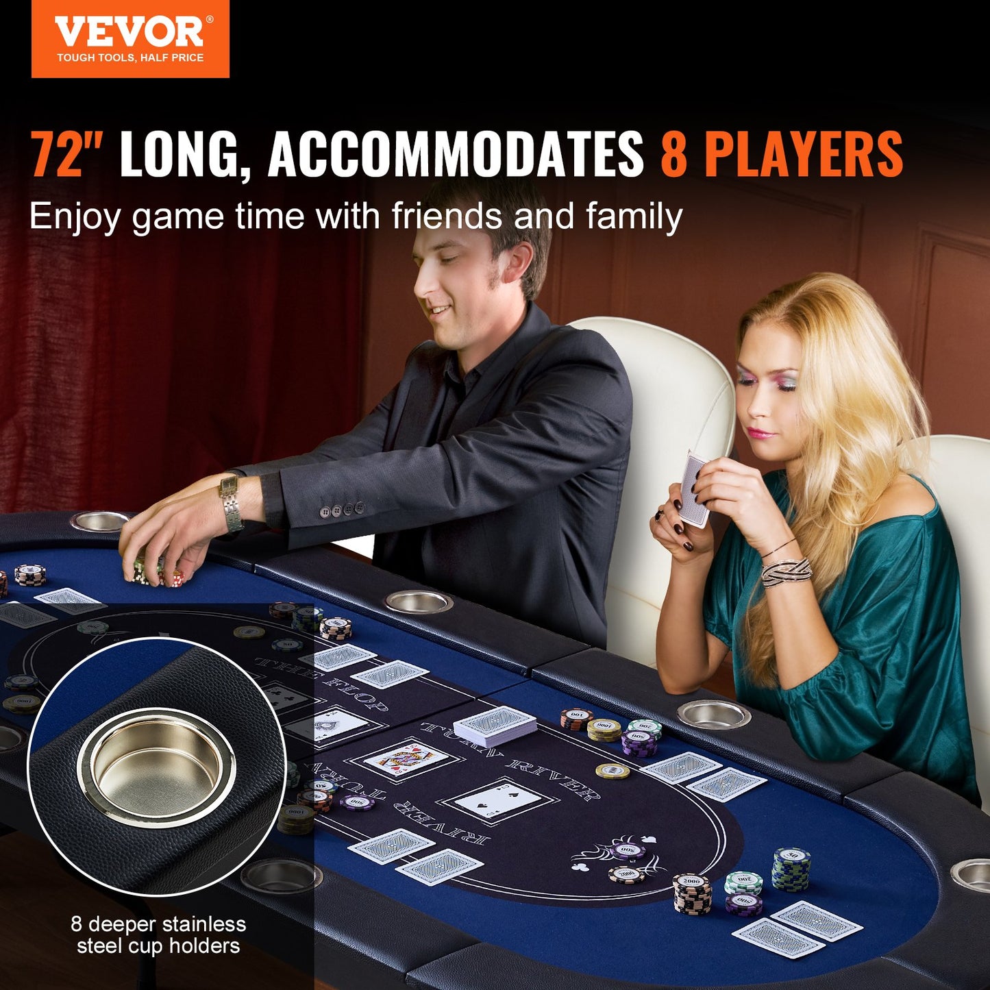 8 Player Foldable Poker Table, Blackjack Texas Holdem Poker Table with Padded Rails and Stainless Steel Cup Holders, Portable Folding Card Board Game Table,183cm Oval Casino Leisure Table, Blue - Image 2