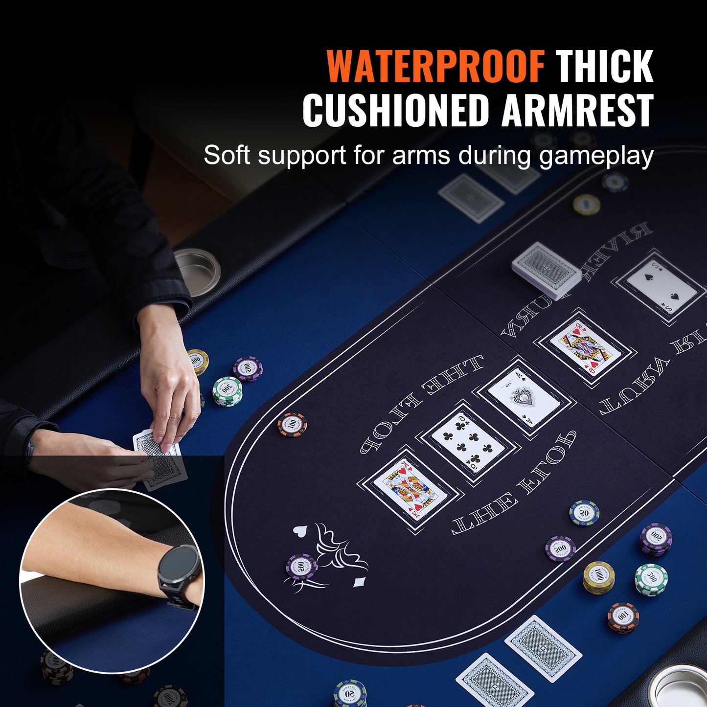 8 Player Foldable Poker Table, Blackjack Texas Holdem Poker Table with Padded Rails and Stainless Steel Cup Holders, Portable Folding Card Board Game Table,183cm Oval Casino Leisure Table, Blue - Image 4