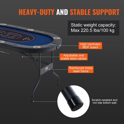8 Player Foldable Poker Table, Blackjack Texas Holdem Poker Table with Padded Rails and Stainless Steel Cup Holders, Portable Folding Card Board Game Table,183cm Oval Casino Leisure Table, Blue - Image 6
