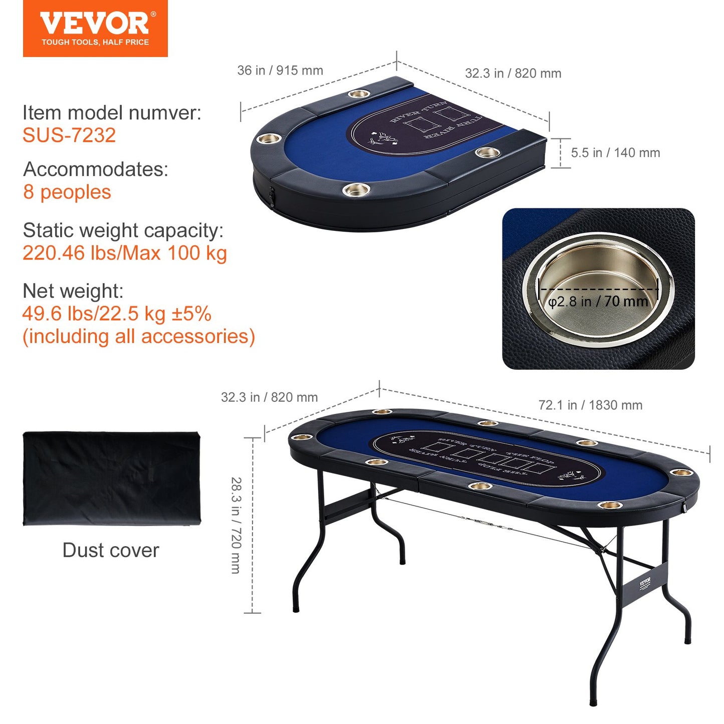 8 Player Foldable Poker Table, Blackjack Texas Holdem Poker Table with Padded Rails and Stainless Steel Cup Holders, Portable Folding Card Board Game Table,183cm Oval Casino Leisure Table, Blue - Image 7