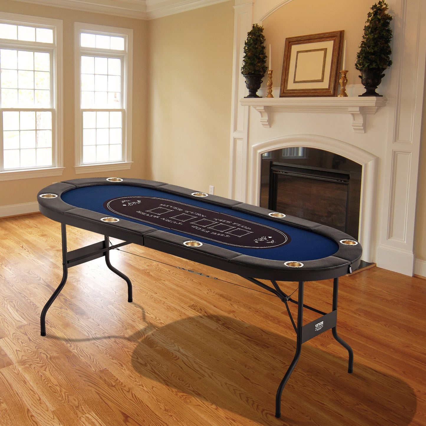 8 Player Foldable Poker Table, Blackjack Texas Holdem Poker Table with Padded Rails and Stainless Steel Cup Holders, Portable Folding Card Board Game Table,183cm Oval Casino Leisure Table, Blue - Image 8