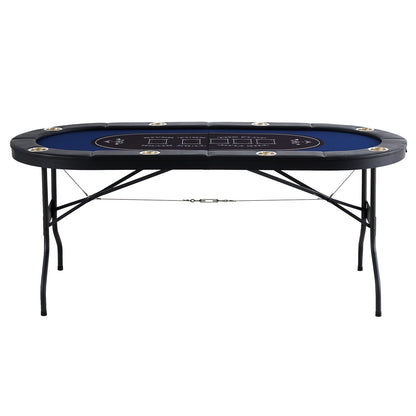 8 Player Foldable Poker Table, Blackjack Texas Holdem Poker Table with Padded Rails and Stainless Steel Cup Holders, Portable Folding Card Board Game Table,183cm Oval Casino Leisure Table, Blue - Image 9
