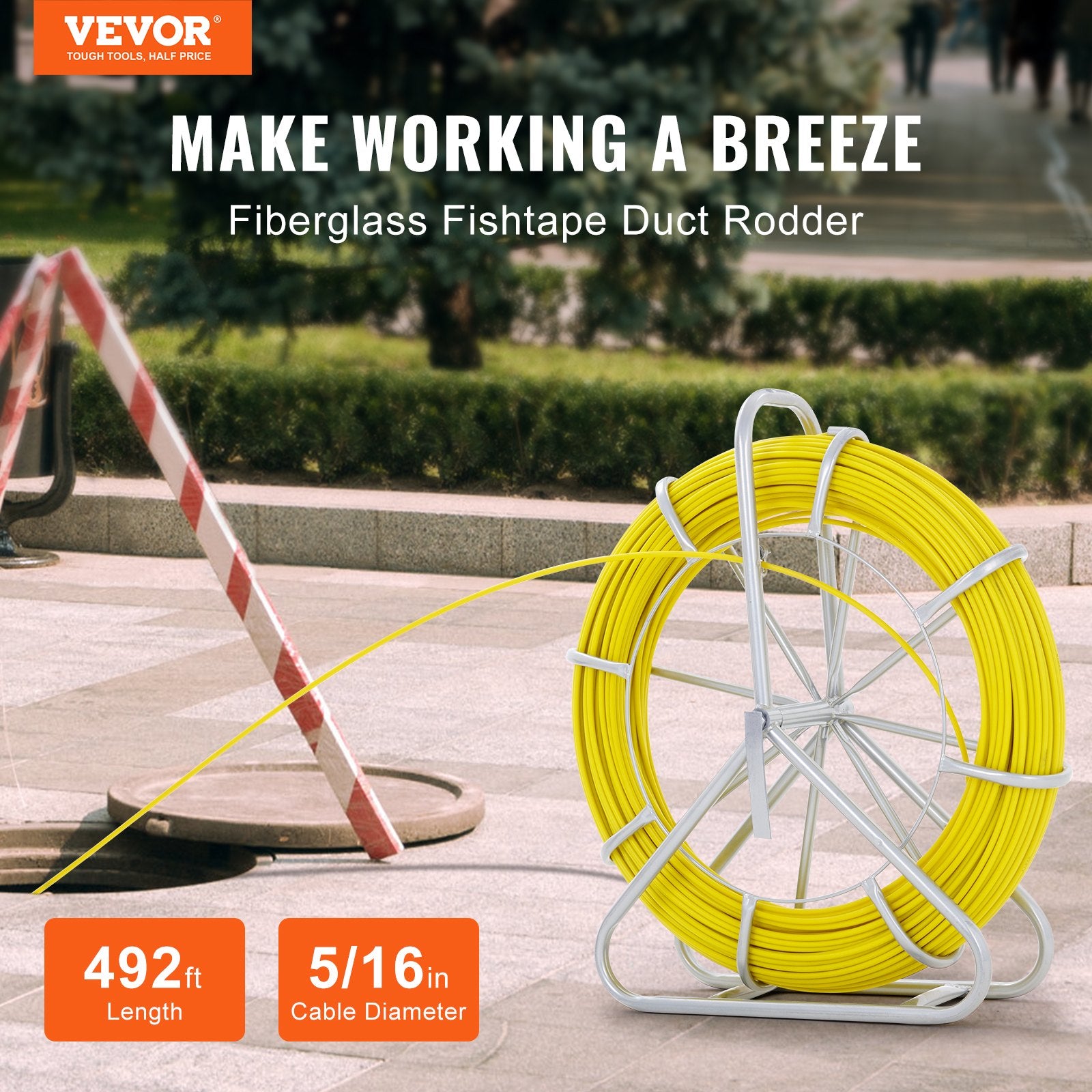 Fish Tape Fiberglass, 150 m, 7.9 mm, Duct Rodder Fishtape Wire Puller, Cable Running Rod with Steel Reel Stand, 3 Pulling Heads, Fishing Tools for Walls and Electrical Conduit, Non-Conductive - Image 2