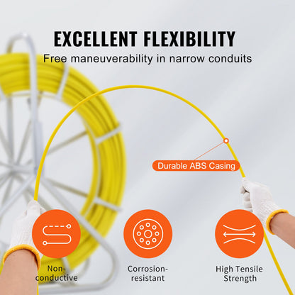 Fish Tape Fiberglass, 150 m, 7.9 mm, Duct Rodder Fishtape Wire Puller, Cable Running Rod with Steel Reel Stand, 3 Pulling Heads, Fishing Tools for Walls and Electrical Conduit, Non-Conductive - Image 3
