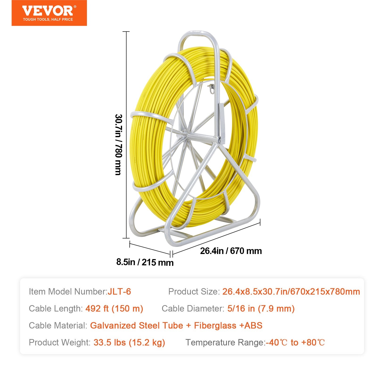 Fish Tape Fiberglass, 150 m, 7.9 mm, Duct Rodder Fishtape Wire Puller, Cable Running Rod with Steel Reel Stand, 3 Pulling Heads, Fishing Tools for Walls and Electrical Conduit, Non-Conductive - Image 7