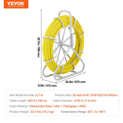Fish Tape Fiberglass, 150 m, 7.9 mm, Duct Rodder Fishtape Wire Puller, Cable Running Rod with Steel Reel Stand, 3 Pulling Heads, Fishing Tools for Walls and Electrical Conduit, Non-Conductive - Image 7
