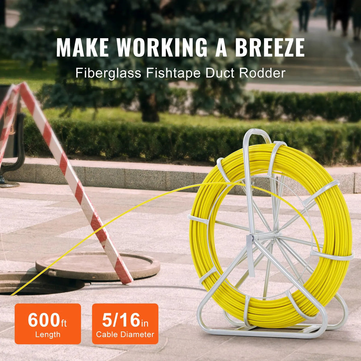 Fish Tape Fiberglass, 182.88 m, 7.9 mm, Duct Rodder Fishtape Wire Puller, Cable Running Rod with Steel Reel Stand, 3 Pulling Heads, Fishing Tools for Walls and Electrical Conduit, Non-Conductive - Image 2