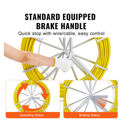 Fish Tape Fiberglass, 182.88 m, 7.9 mm, Duct Rodder Fishtape Wire Puller, Cable Running Rod with Steel Reel Stand, 3 Pulling Heads, Fishing Tools for Walls and Electrical Conduit, Non-Conductive - Image 5