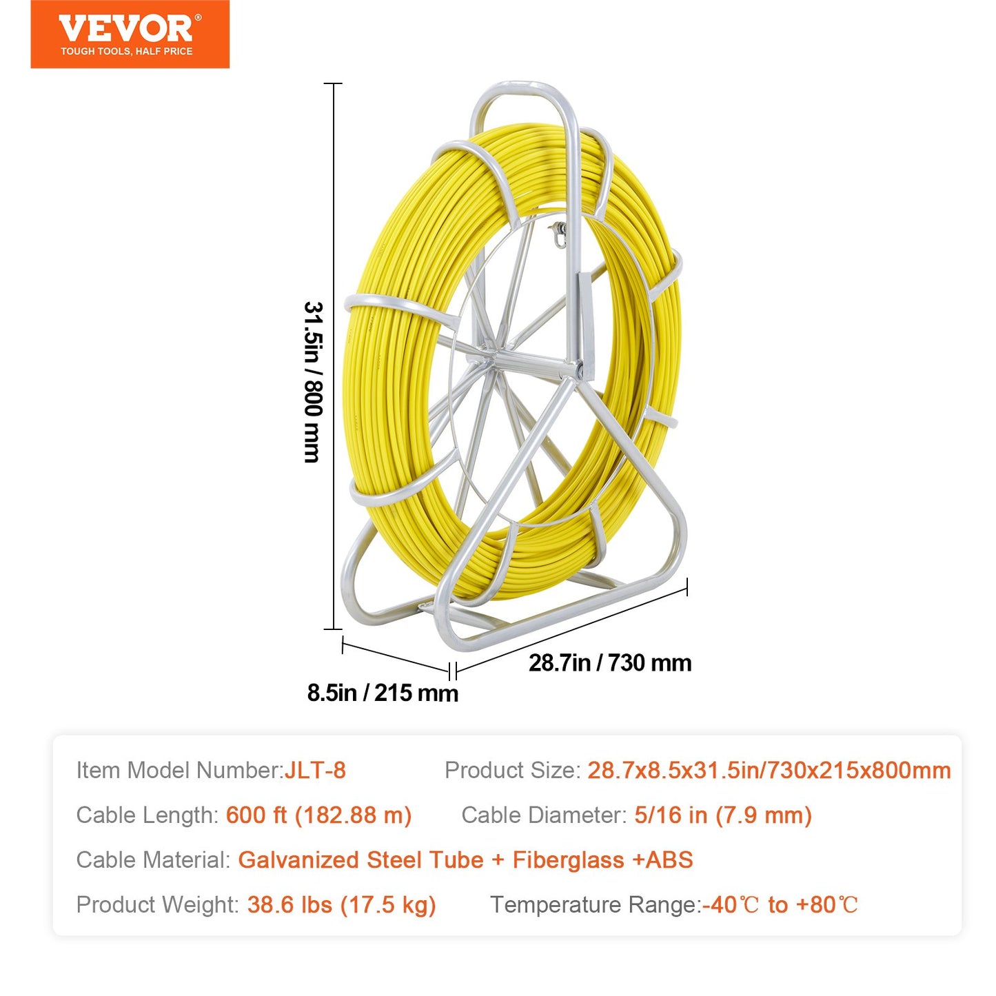 Fish Tape Fiberglass, 182.88 m, 7.9 mm, Duct Rodder Fishtape Wire Puller, Cable Running Rod with Steel Reel Stand, 3 Pulling Heads, Fishing Tools for Walls and Electrical Conduit, Non-Conductive - Image 7