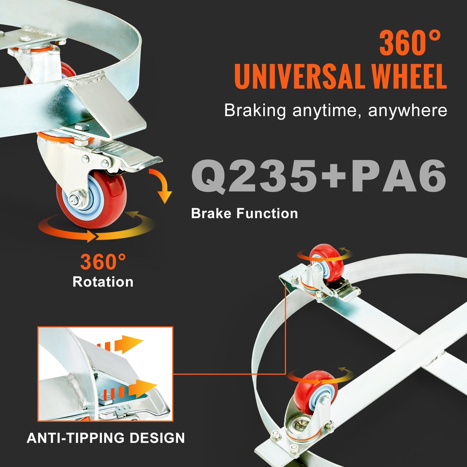2PCS 250 L Heavy Duty Drum Dolly, 454 kg Load Capacity, Barrel Dolly Cart Drum Caddy, Non Tipping Hand Truck Capacity Dollies with Steel Frame 4 Swivel Casters Wheel, for Drum Handling - Image 5