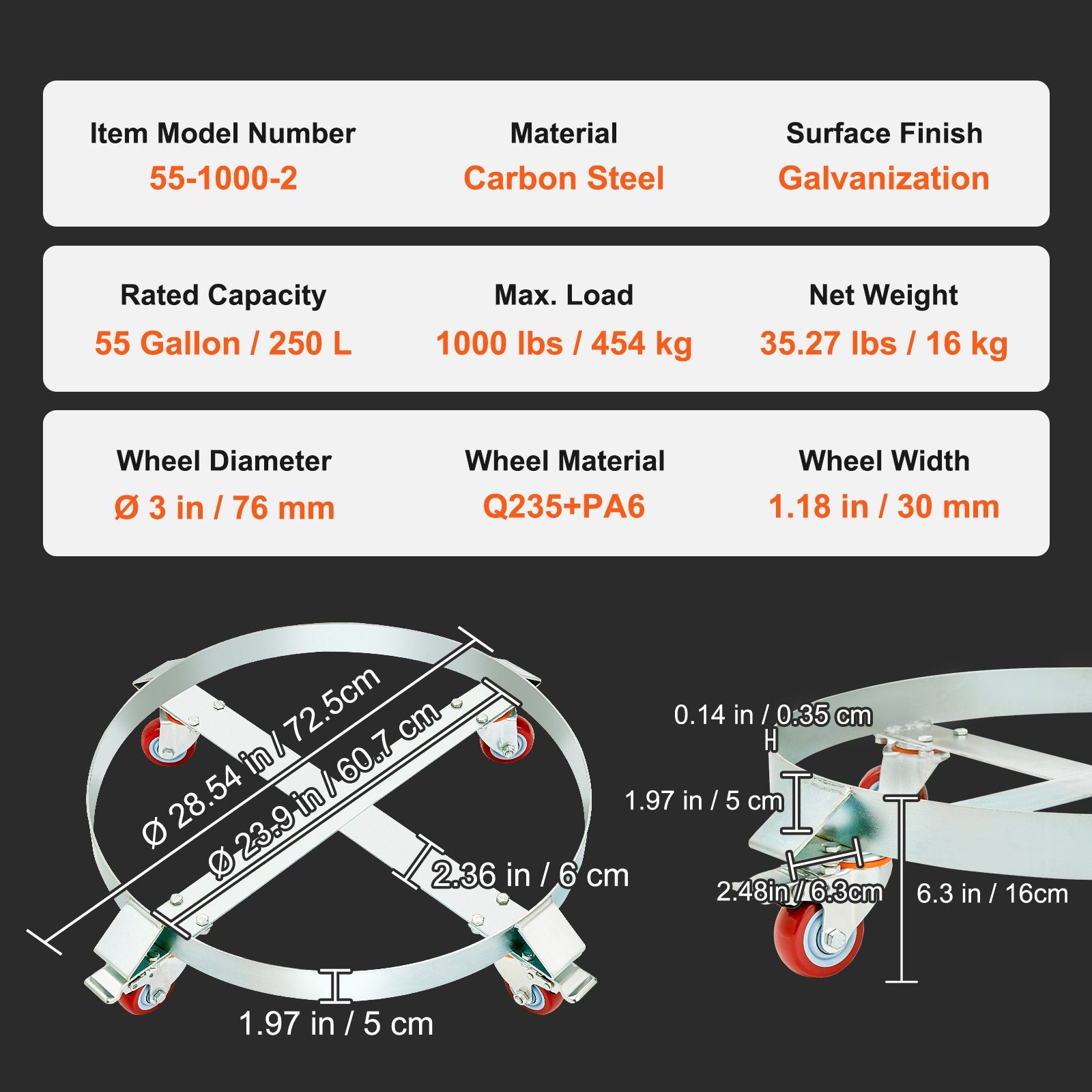 2PCS 250 L Heavy Duty Drum Dolly, 454 kg Load Capacity, Barrel Dolly Cart Drum Caddy, Non Tipping Hand Truck Capacity Dollies with Steel Frame 4 Swivel Casters Wheel, for Drum Handling - Image 7