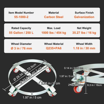 2PCS 250 L Heavy Duty Drum Dolly, 454 kg Load Capacity, Barrel Dolly Cart Drum Caddy, Non Tipping Hand Truck Capacity Dollies with Steel Frame 4 Swivel Casters Wheel, for Drum Handling - Image 7