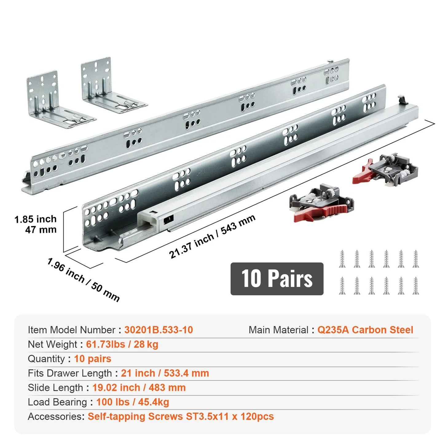 10 Pairs of 533.4mm Drawer Bottom Side Mount Rails, Heavy Duty Full Ball Bearing Extension Steel Track, Soft-Close Noiseless Guide Glides Cabinet Kitchen Runners with Locking Mechanism, 100 Lbs - Image 7