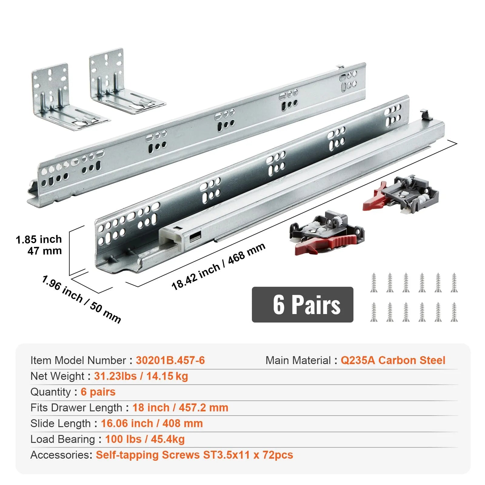 6 Pairs of 457.2mm Drawer Bottom Side Mount Rails, Heavy Duty Full Ball Bearing Extension Steel Track, Soft-Close Noiseless Guide Glides Cabinet Kitchen Runners with Locking Mechanism, 100 Lbs - Image 7
