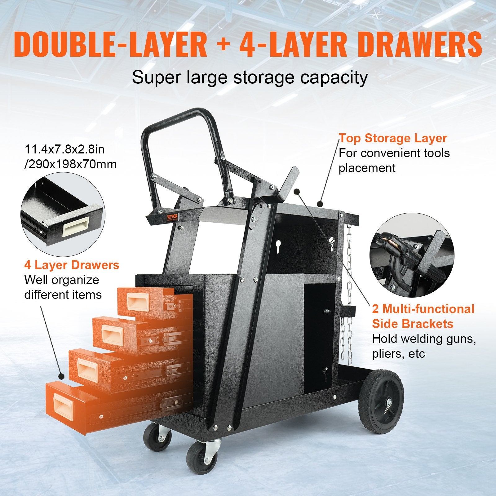 Welding Cart, 2-Tier 4 Drawers Welder Cart with 265 LBS Weight Capacity, Swivel Wheels, Tank Storage Safety Chains, Heavy Duty Rolling MIG Welder Cart for Mig Welder and Plasma Cutter - Image 4