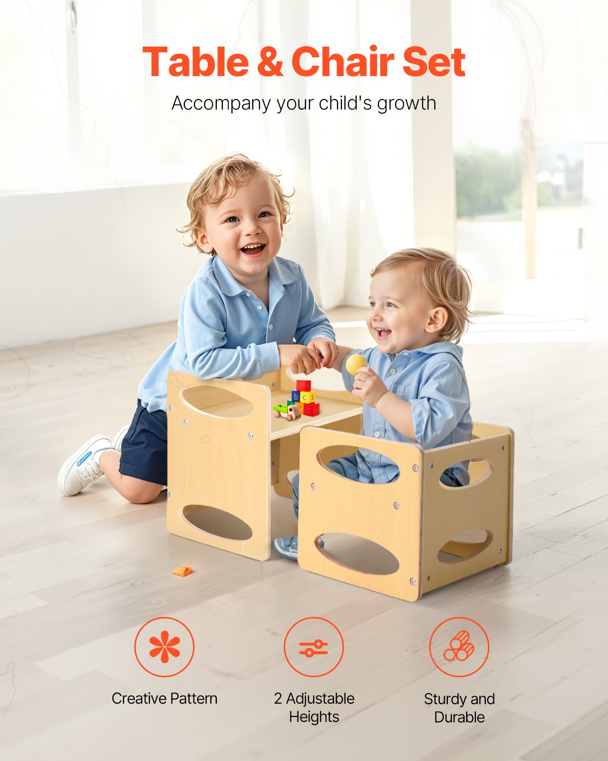 Montessori Weaning Table and Chair Set, Wooden Toddler Table and Chair Set for Aged 1-5, Adjustable Height Kids Montessori Chair and Activity Table, Ideal for Reading, Eating, Playing - Natural - Image 2