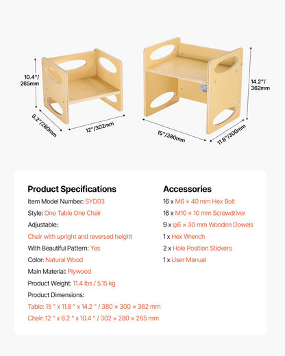 Montessori Weaning Table and Chair Set, Wooden Toddler Table and Chair Set for Aged 1-5, Adjustable Height Kids Montessori Chair and Activity Table, Ideal for Reading, Eating, Playing - Natural - Image 7