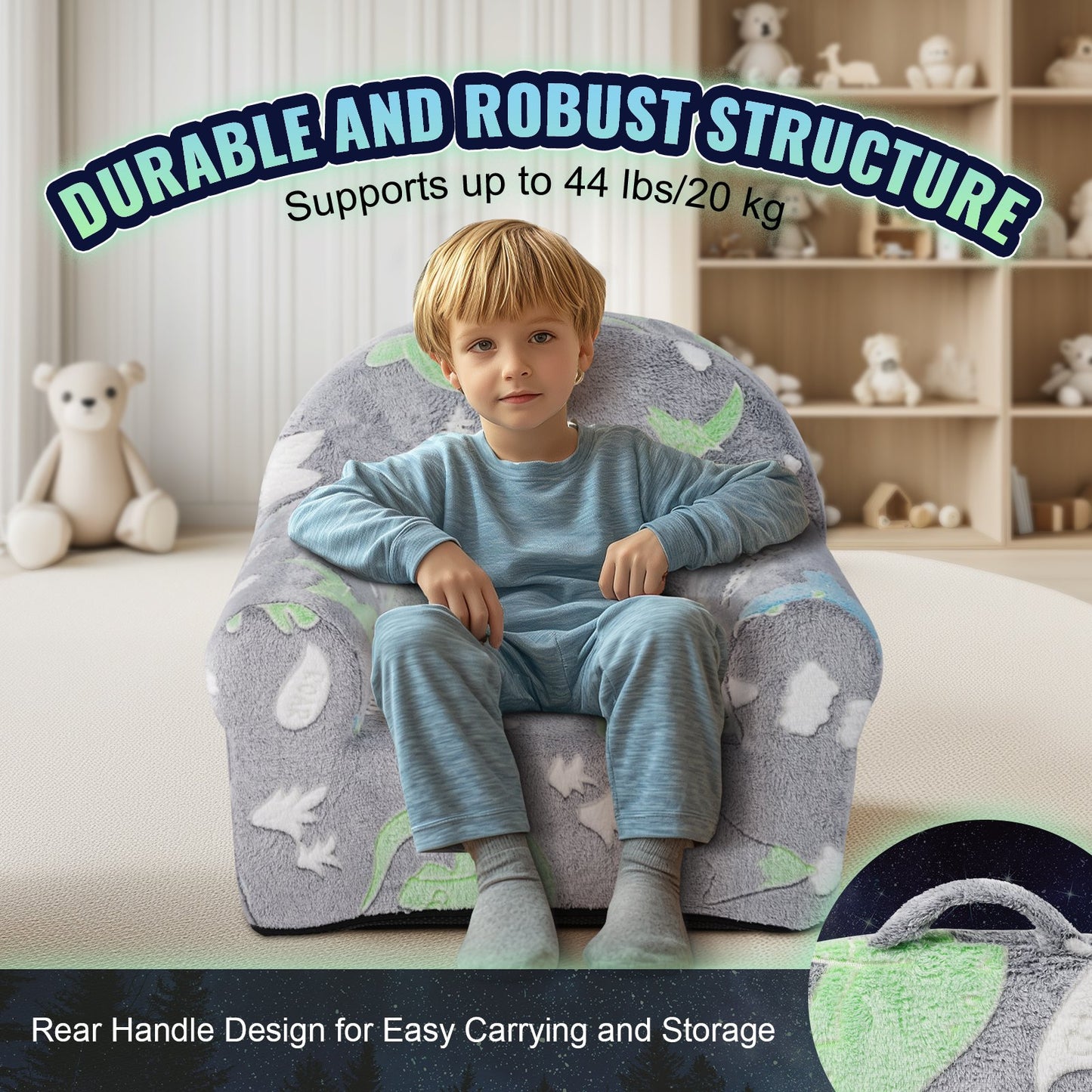 Toddler Chair Glow in the Dark Plush Baby Chair Playroom Furniture Grey - Image 4