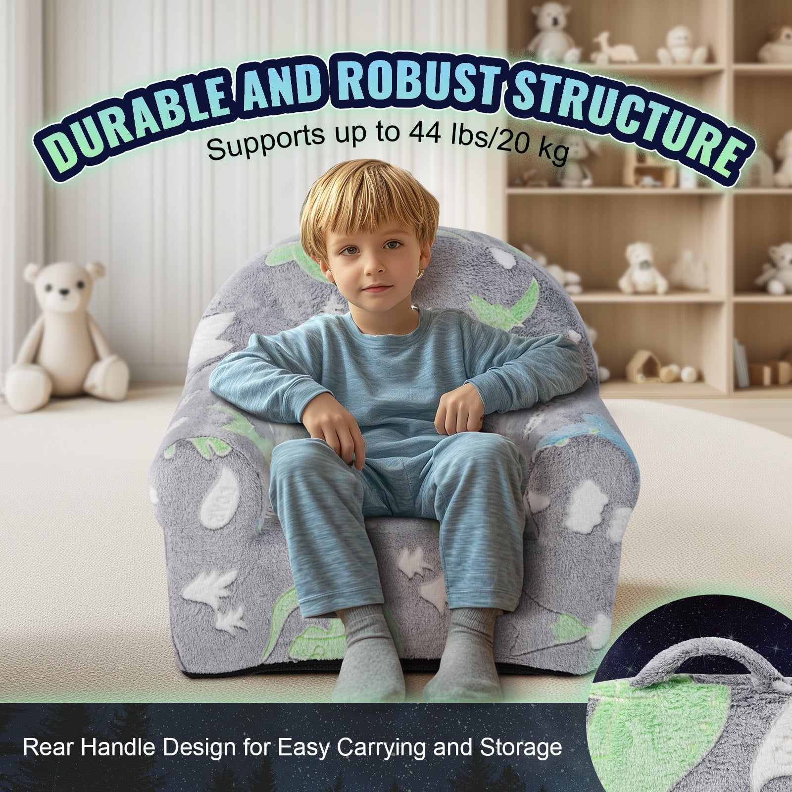 Toddler Chair Glow in the Dark Plush Baby Chair Playroom Furniture Grey - Image 4