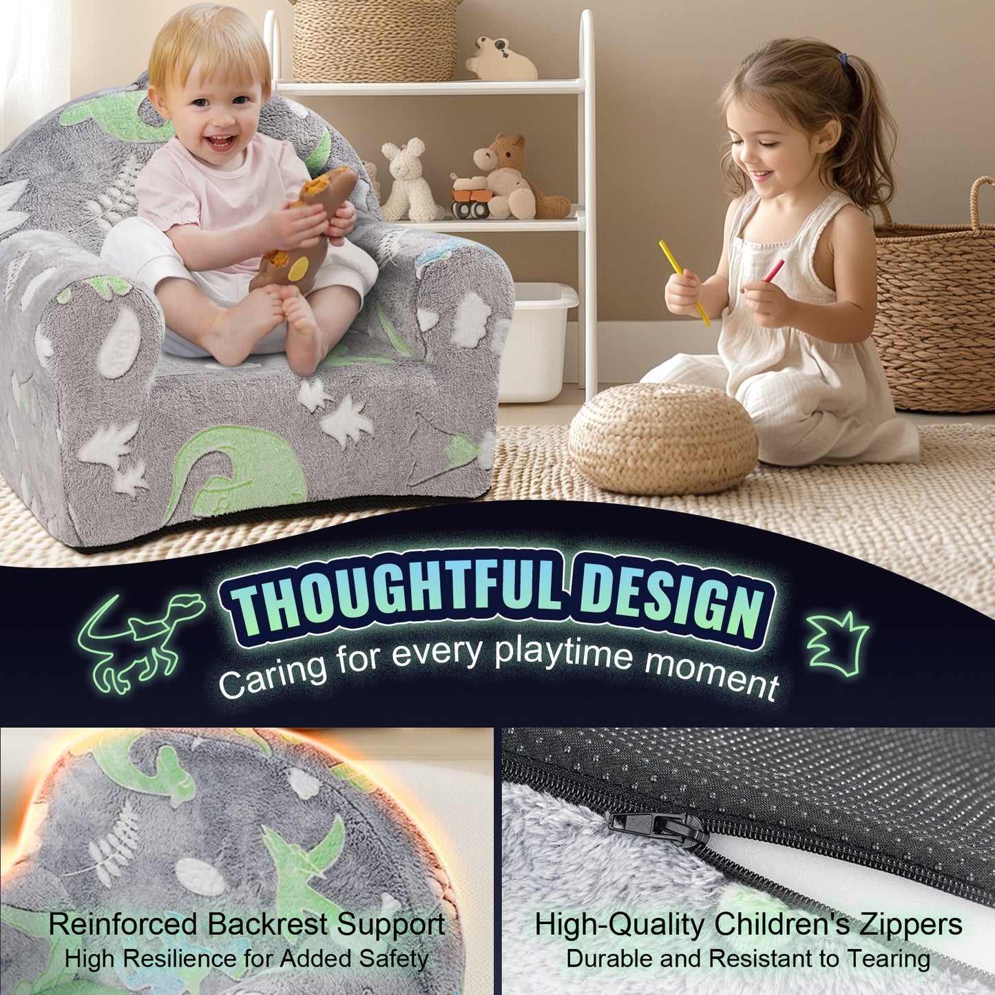 Toddler Chair Glow in the Dark Plush Baby Chair Playroom Furniture Grey - Image 5