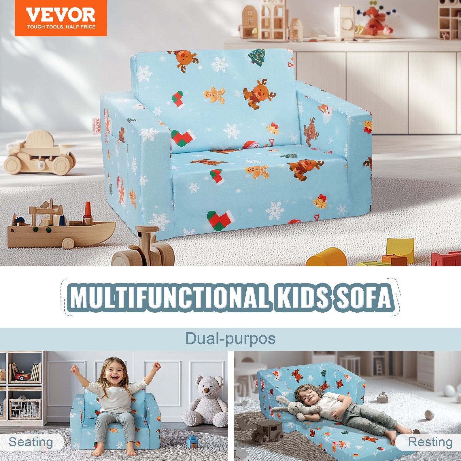 Baby Chair Foldable 2-in-1 Baby Lounger Couch Cartoon Kids Sofa Pink - Image 2