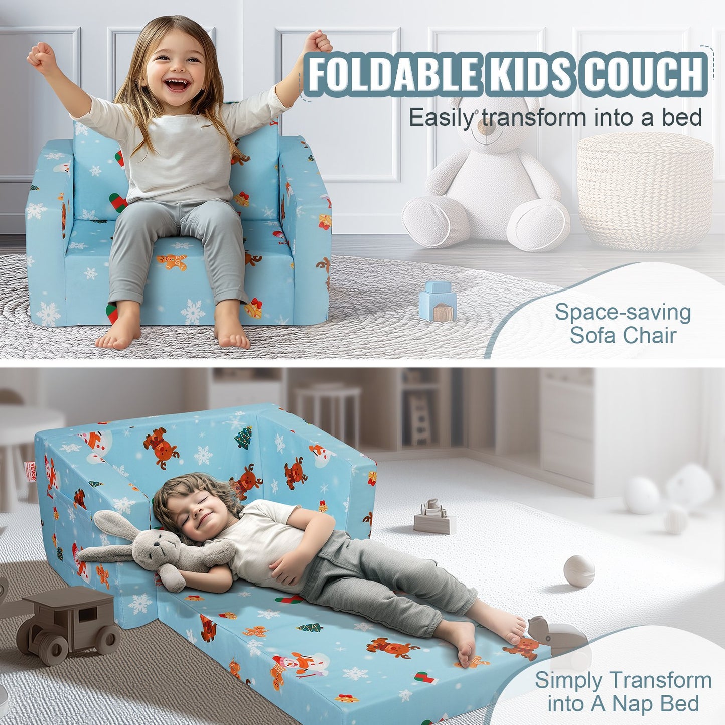 Baby Chair Foldable 2-in-1 Baby Lounger Couch Cartoon Kids Sofa Pink - Image 3