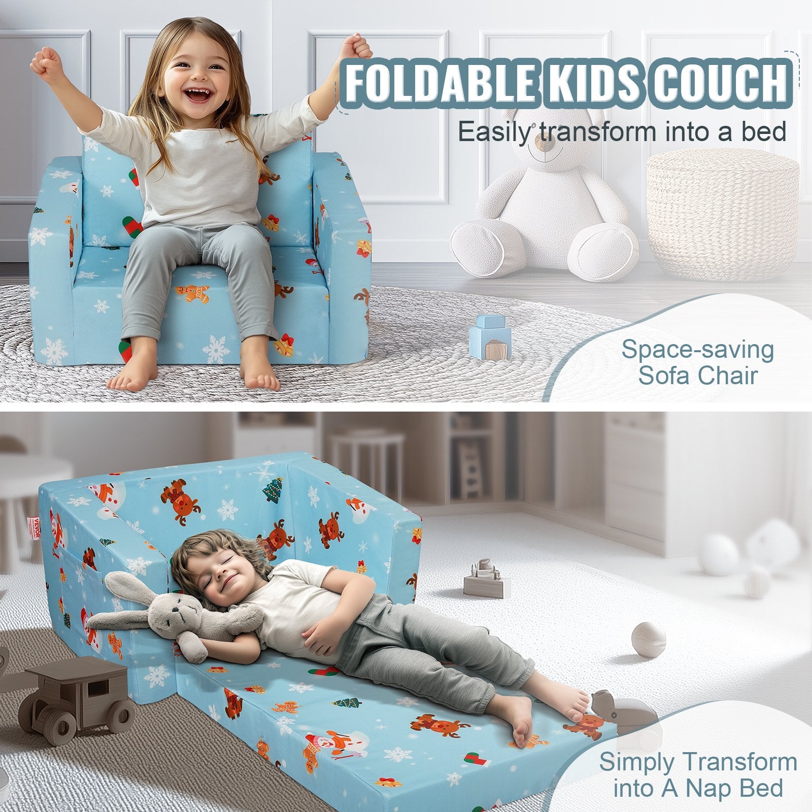 Baby Chair Foldable 2-in-1 Baby Lounger Couch Cartoon Kids Sofa Pink - Image 3