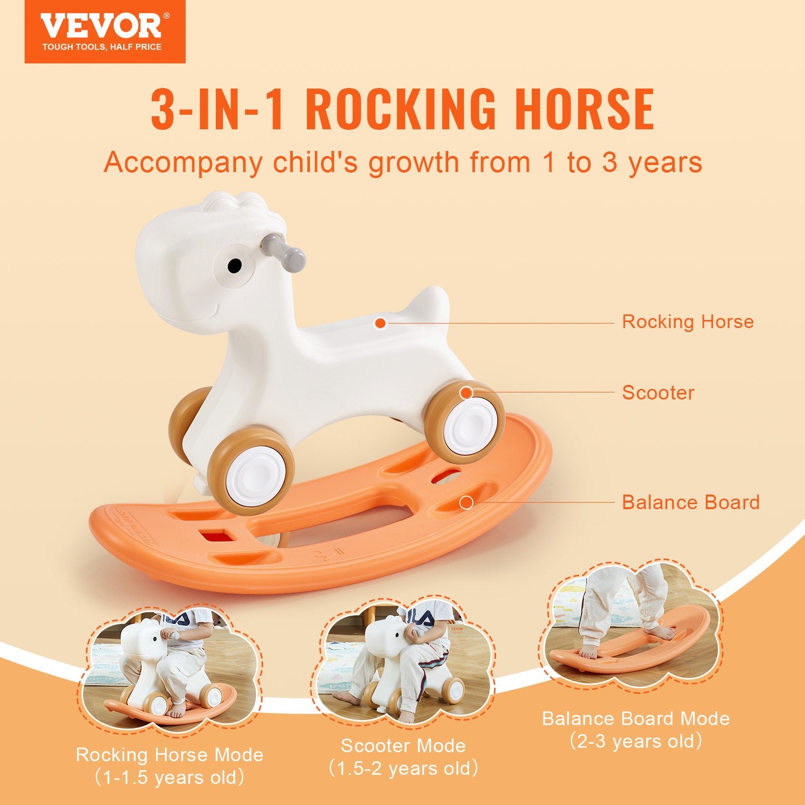 3 in 1 Rocking Horse for Toddlers 1-3 Years, Baby Rocking Horse with Detachable Balance Board and 4 Smooth Wheels, Support up to 80 lbs HDPE Material Kids Ride on Toy, Swinging, Orange - Image 2