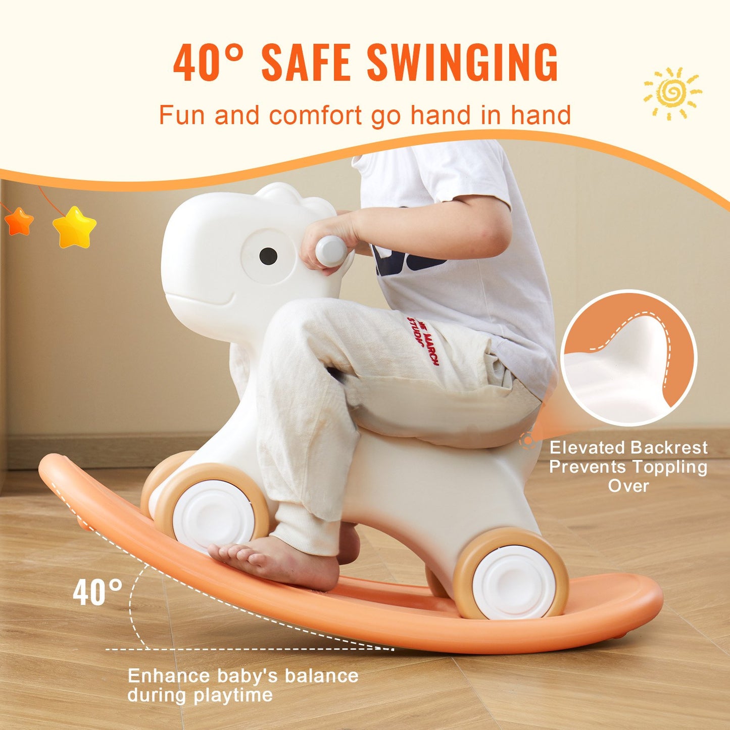 3 in 1 Rocking Horse for Toddlers 1-3 Years, Baby Rocking Horse with Detachable Balance Board and 4 Smooth Wheels, Support up to 80 lbs HDPE Material Kids Ride on Toy, Swinging, Orange - Image 4
