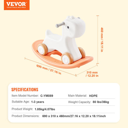 3 in 1 Rocking Horse for Toddlers 1-3 Years, Baby Rocking Horse with Detachable Balance Board and 4 Smooth Wheels, Support up to 80 lbs HDPE Material Kids Ride on Toy, Swinging, Orange - Image 7