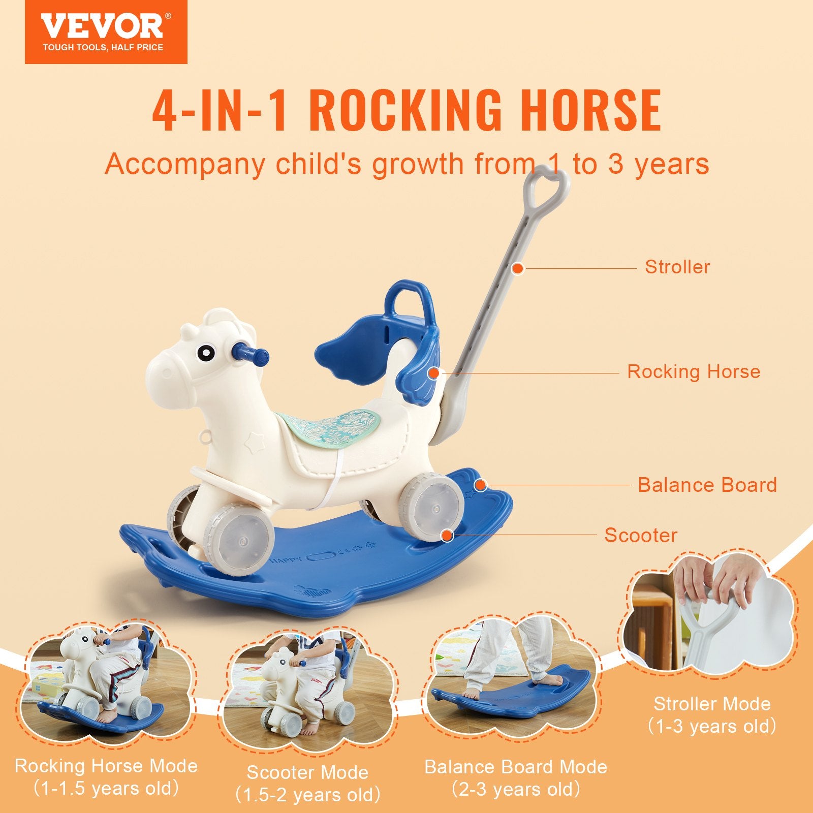 4 in 1 Rocking Horse for Toddlers 1-3 Years, Baby Rocking Horse with Detachable Balance Board, Push Handle and 4 Smooth Wheels, Support up to 80 lbs HDPE Kids Ride on Toy with Sound, Blue - Image 2