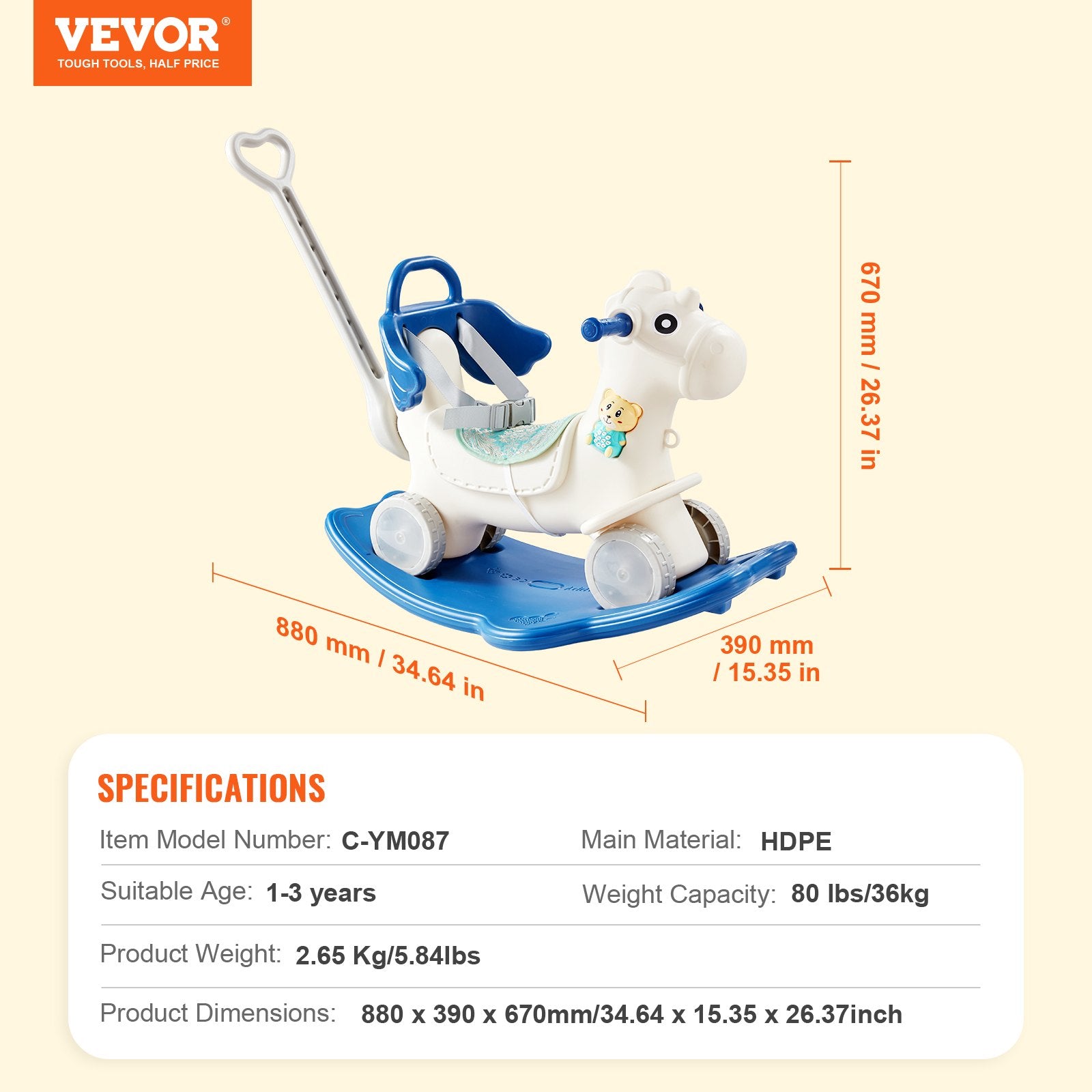 4 in 1 Rocking Horse for Toddlers 1-3 Years, Baby Rocking Horse with Detachable Balance Board, Push Handle and 4 Smooth Wheels, Support up to 80 lbs HDPE Kids Ride on Toy with Sound, Blue - Image 7