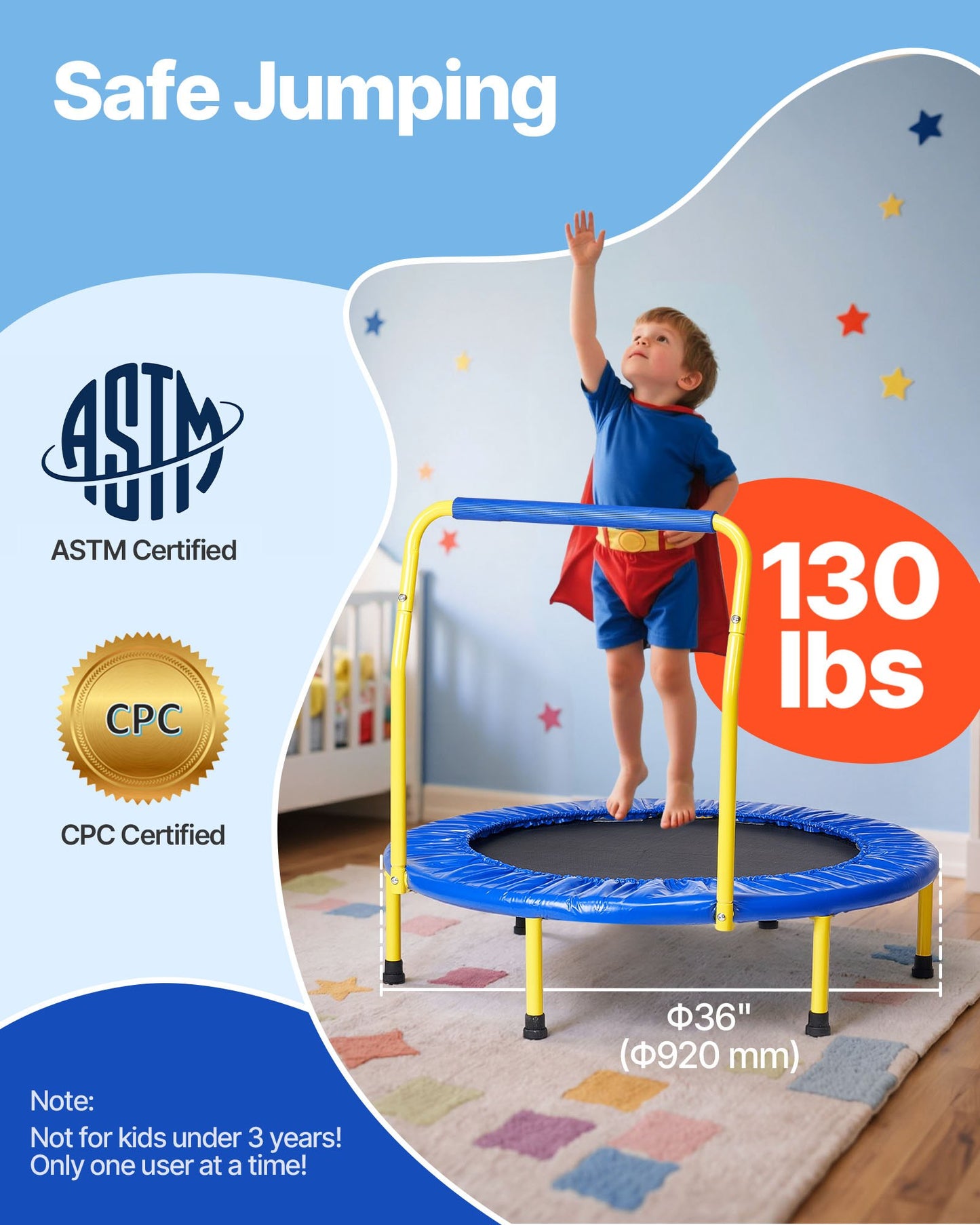3FT Trampoline for Kids, 92 cm Trampolines Indoor/Outdoor Trampoline for Toddlers, Foldable Mini Baby Trampoline with Foam Handle, Recreational Trampoline Birthday Gift for 3+ Years Kids - Image 2