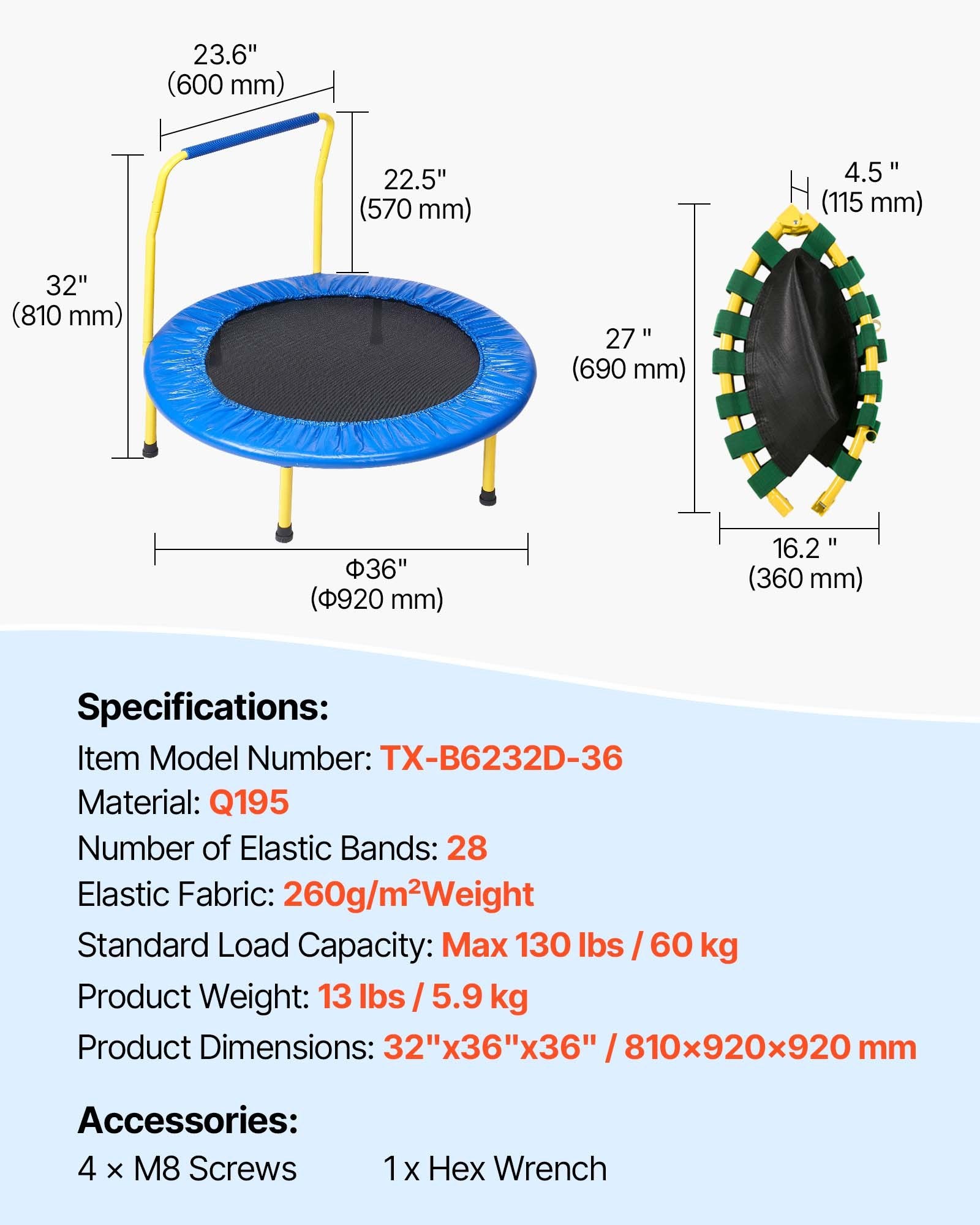 3FT Trampoline for Kids, 92 cm Trampolines Indoor/Outdoor Trampoline for Toddlers, Foldable Mini Baby Trampoline with Foam Handle, Recreational Trampoline Birthday Gift for 3+ Years Kids - Image 7