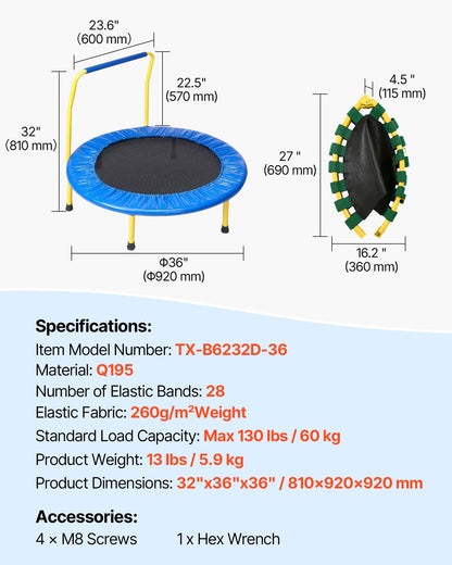 3FT Trampoline for Kids, 92 cm Trampolines Indoor/Outdoor Trampoline for Toddlers, Foldable Mini Baby Trampoline with Foam Handle, Recreational Trampoline Birthday Gift for 3+ Years Kids - Image 7
