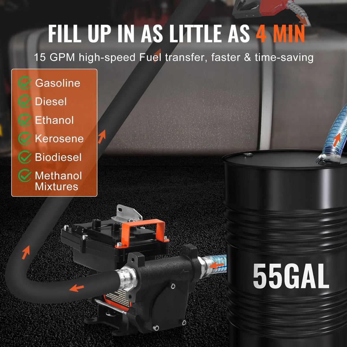 Fuel Transfer Pump 12V 15 GPM 1/4 HP Diesel Pump with Auto Fuel Nozzle - Image 3