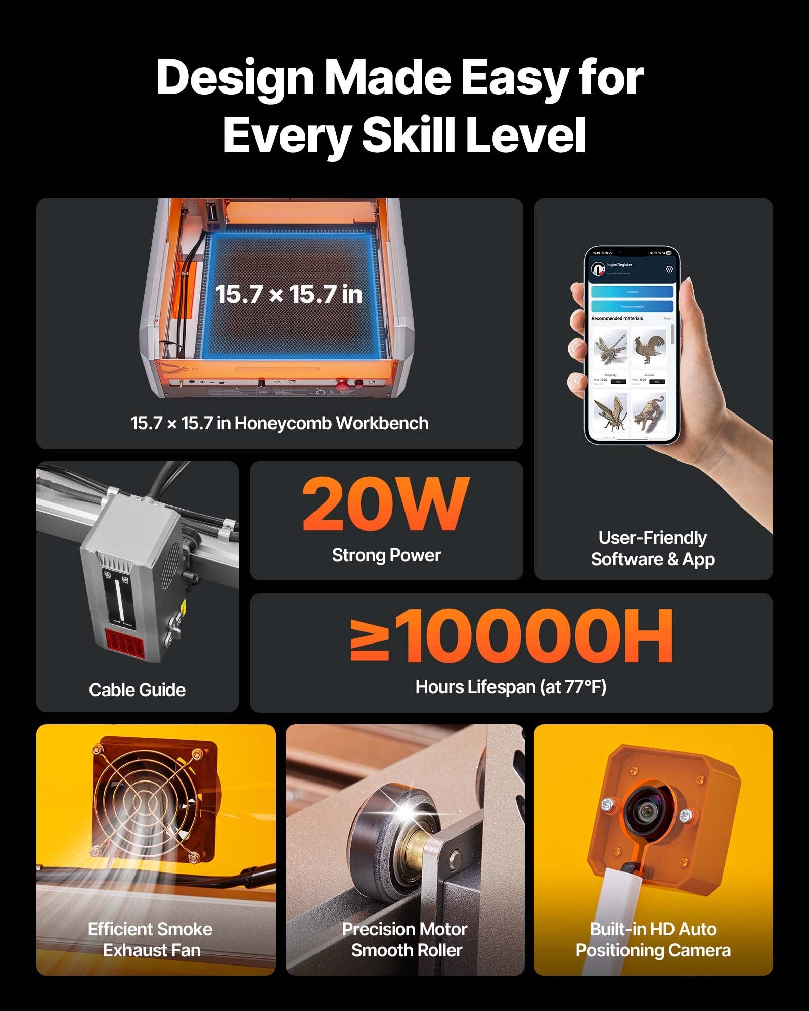 Laser Engraver, 20W, Laser Engraving and Cutting Machine with Enclosure Camera, Laser Cutter, 400 x 400 mm Working Area, 30000 mm/min, for Wood, Leather, Glass, Paper, Certain Metal, Class 1 - Image 3