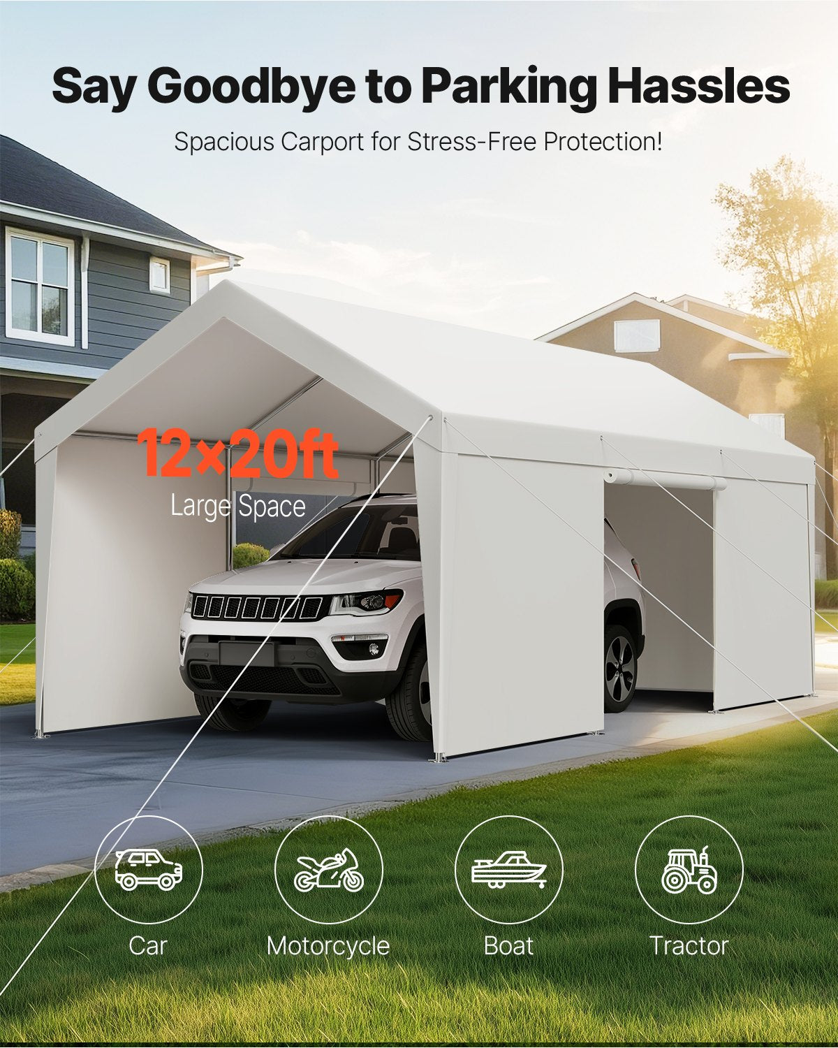 Carport Car Canopy 12x20FT Heavy Duty Car Shelter with Sidewalls Grey - Image 2