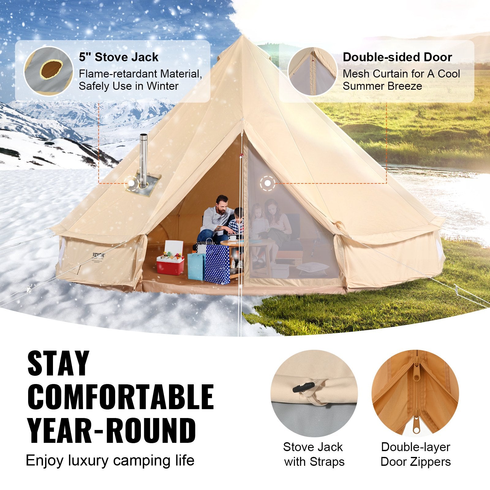 Canvas Bell Tent 3m/9.8ft 4-Season Canvas Tent for Camping with Stove Jack - Image 3